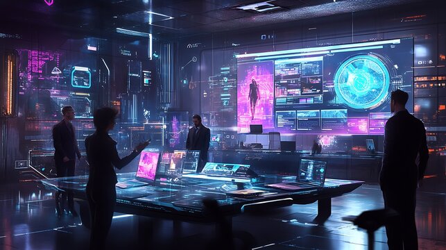 A futuristic team collaborates around interactive technology displays in a room