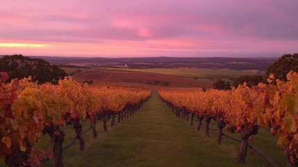 Fototapeta premium Autumn vineyard vista at sunset