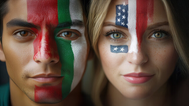 Chico mexicano y chica estadounidense con las banderas de sus pa&iacute;ses pintadas en el rostro