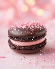 Delicious chocolate macaron with pink cream filling and pink glitter.