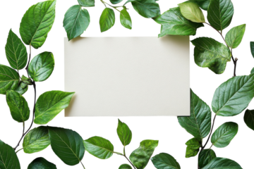 Natural green leaves surround a blank cardboard space suitable for creative design or text placement