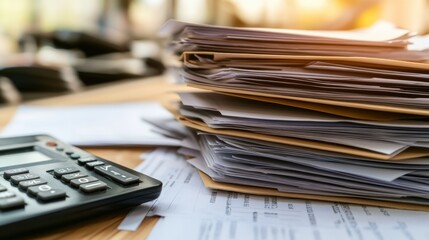 Stacked paperwork and a calculator on a desk, with soft sunlight illuminating the scene