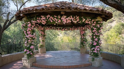 Romantic Outdoor Gazebo with Pink Roses in Natural Garden Setting