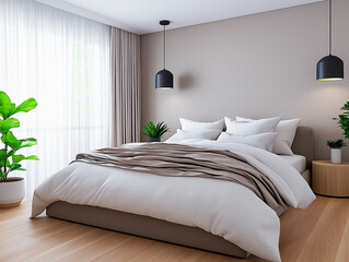 Modern bedroom featuring cozy bed, stylish decor, and plants, bathed in natural light for a serene atmosphere