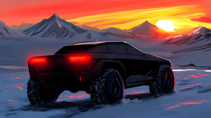 Naklejka premium Black Off Road Vehicle at Snowy Mountain Sunset