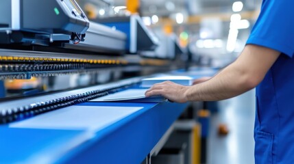 Naklejka premium Worker Handling Papers on Automated Production Line in Modern Manufacturing Facility for High-Efficiency Production