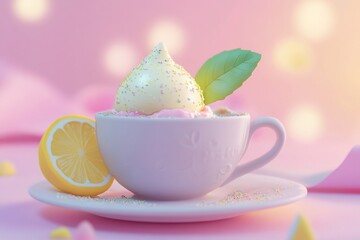 Pastel pink cup with meringue, lemon, and sprinkles.
