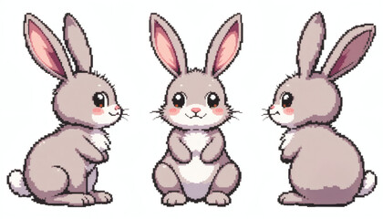 Fototapeta premium 8-Bit Pixel Cute Easter Bunny with Long Ears – Retro Easter Art – Three Angles Pixelated Design – Isolated on White Background – Classic Pixel Spring Illustration