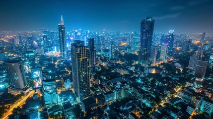 Naklejka premium Blue-toned cityscape with densely packed buildings