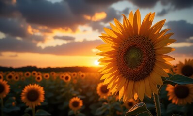 Vibrant sunflower at sunset