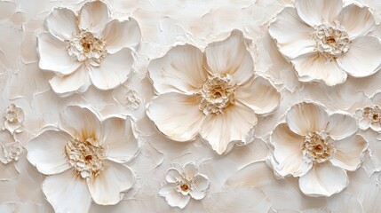 An oil-textured 3D painting of spring flowers on canvas features beautiful abstract white and beige blooms.