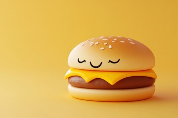 Cute cartoon hamburger with closed eyes on yellow background.