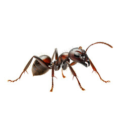 Close-up view of a black ant in a natural pose on a white background during daylight hours