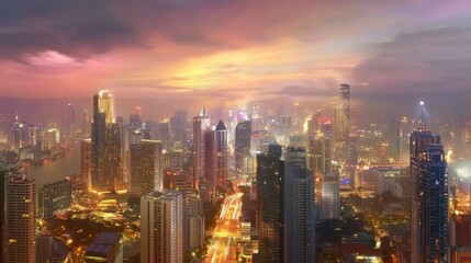 Fototapeta premium Vibrant and dynamic city skyline during golden hour
