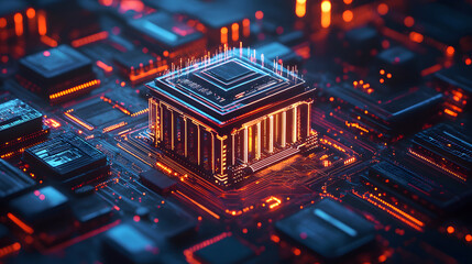 Futuristic Temple of Data Digital Architecture on a Circuit Board