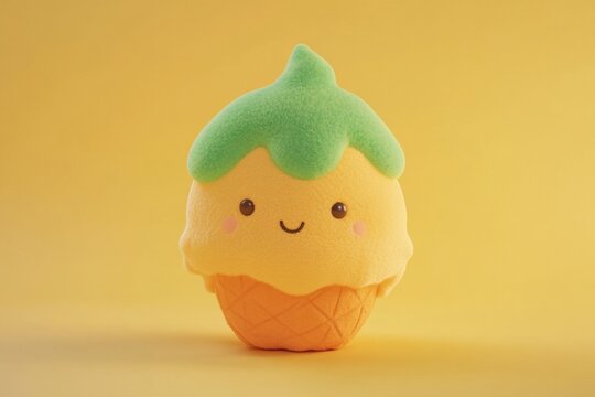 Cute yellow ice cream cone plush toy on yellow background.