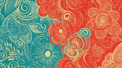 Ornate Floral Pattern, Teal & Red