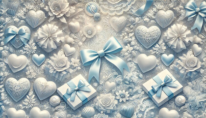 エレガントなバレンタイン – ホワイト＆ブルーのギフトとハートの装飾