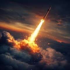 Missile rocket launch with fire and smoke trail, cut out in a futuristic setting, illuminated by harsh spotlight, vibrant orange and gray palette, and wide-angle perspective showcasing raw power.