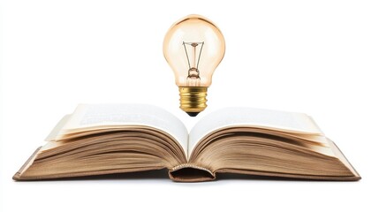 An open book with a light bulb positioned above it, symbolizing ideas and knowledge.