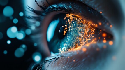 Macro shot of human eye with digital circuit reflection and bokeh lights in turquoise and orange colors creating futuristic artificial intelligence concept.