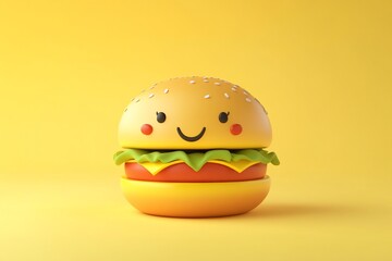 Happy cartoon burger on yellow background. (4)