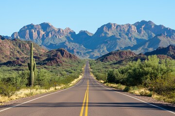 Fototapeta premium A road made of asphalt that features a yellow dividing line stretches out into the distance, set against a mountainous backdrop