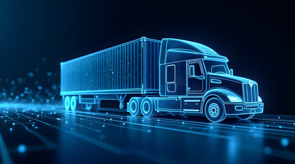 Concept of smart logistics and fleet management. A holographic modern truck with a cargo container, set against a dark background enhanced by digital connections and blue light effects