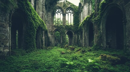 Obraz premium Ancient green ruins of a historical building, completely covered in lush moss and grass, evoke a sense of timelessness and nature reclaiming man-made structures.
