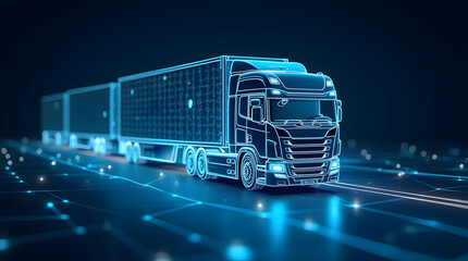 Concept of smart logistics and fleet management. A holographic modern truck with a cargo container, set against a dark background enhanced by digital connections and blue light effects