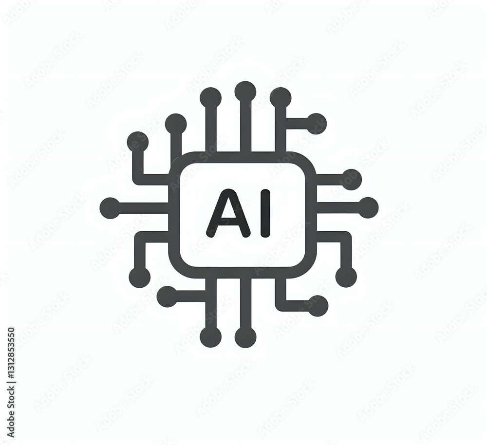 Poster minimalist ai processor chip icon with circuit connections on white background, isolated design elem