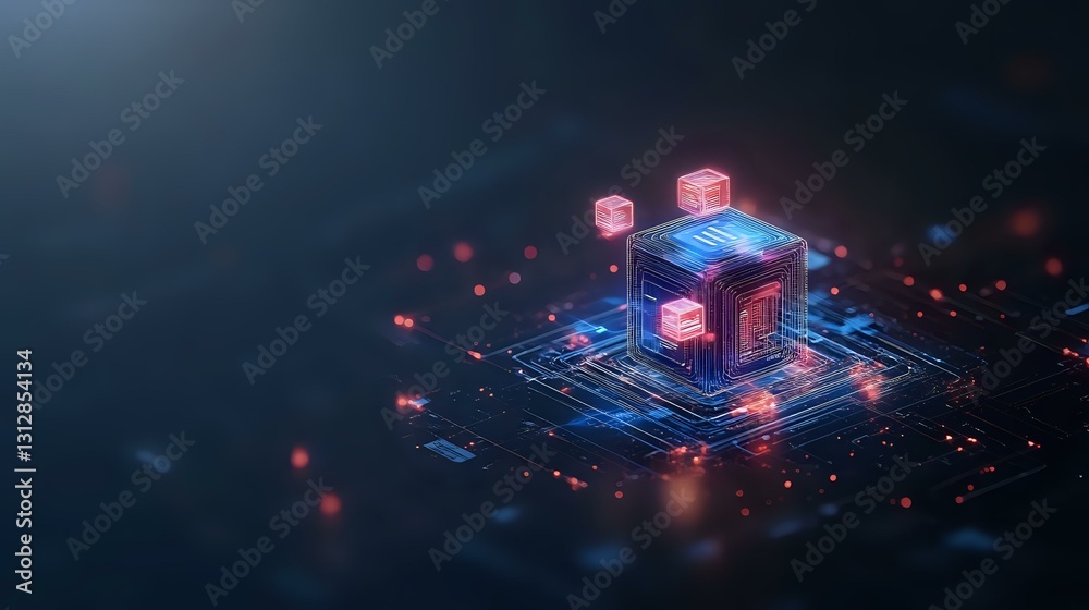 Poster glowing digital cube with circuit paths and connected nodes floating in dark space, neon blue and re