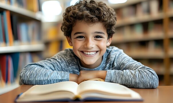 Cheerful Hispanic boy student with curly hair smiling while reading book in school library, education and learning concept for elementary school children.