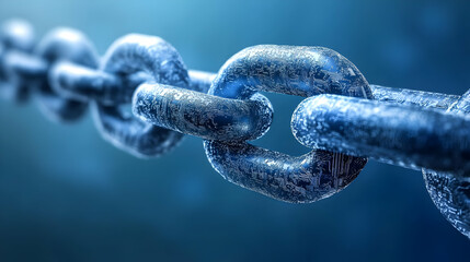 Close-up of a Metallic Chain Link with Blue Background