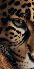 Naklejka premium Close-up macro shot of leopard eye and face showing detailed spots, fur texture, and intense gaze. Dramatic lighting highlights natural patterns and markings.