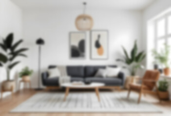 Fototapeta premium Blurred modern Scandinavian living room with a cozy sofa, mid-century furniture, wooden floor, white walls, and home plants. Soft, minimalist, and warm ambiance.