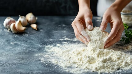 Hands Handling Flour with Garlic and Herbs on Dark Kitchen Surface