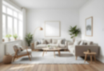 Fototapeta premium Blurred modern Scandinavian living room with a cozy sofa, mid-century furniture, wooden floor, white walls, and home plants. Soft, minimalist, and warm ambiance.
