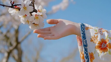 Delicate Hand Reaching Pink Blossoms Impressionist Painting Art Print