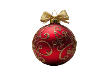 Glimmering red Christmas ornament with intricate gold design and bow for festive decoration