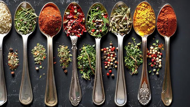 Overhead of spoons full of herbs and spices on a black background.