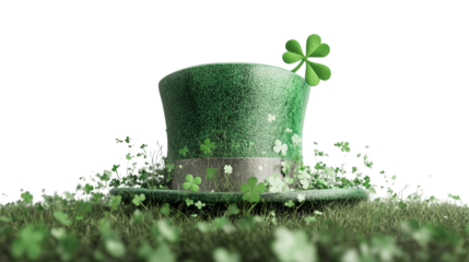 Green Saint Patrick's Day hat with shamrock decoration, isolated on transparent white background.