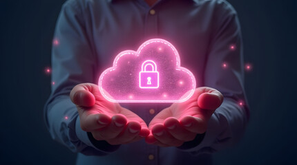 person holding glowing 3d holographic cloud with padlock symbolizes digital security and data protection. This image conveys sense of innovation and technology in digital age
