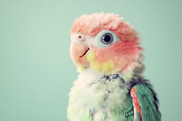 Colorful parrot with soft feathers poses against a pastel background in a serene setting