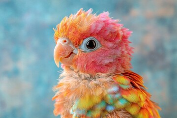 Fototapeta premium Colorful parrot displays vibrant feathers against a soft blue background in a close-up view
