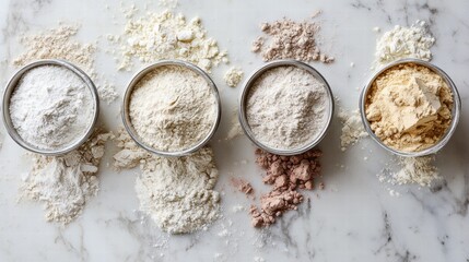 Various Types of Flour in Bowls on White Marble Surface