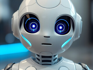 A friendly AI robot character with expressive digital eyes and a sleek white-and-blue design
