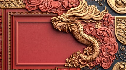 Ornate Chinese Dragon Carving, Red Background