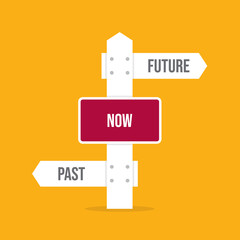 Past now future signpost. Successful choice vector concept. Different way or alternative illustration. Opposite direction traffic sign.	