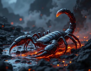 Hyper-realistic obsidian glass scorpion with a glowing molten red stinger. Lava ripples nearby, volcanic ash swirls in the air, creating a dramatic, fiery atmosphere